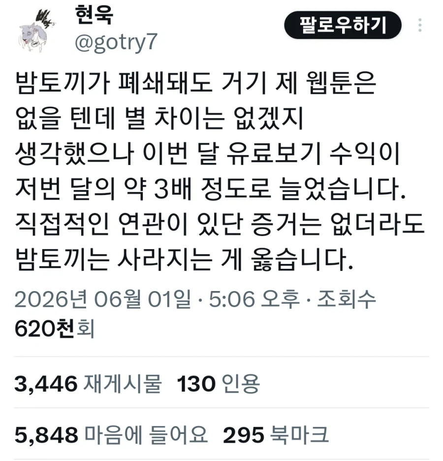 밤토끼 폐쇄 이후 수익이 늘어났다는 웹툰, 웹소설 작가들_1.webp