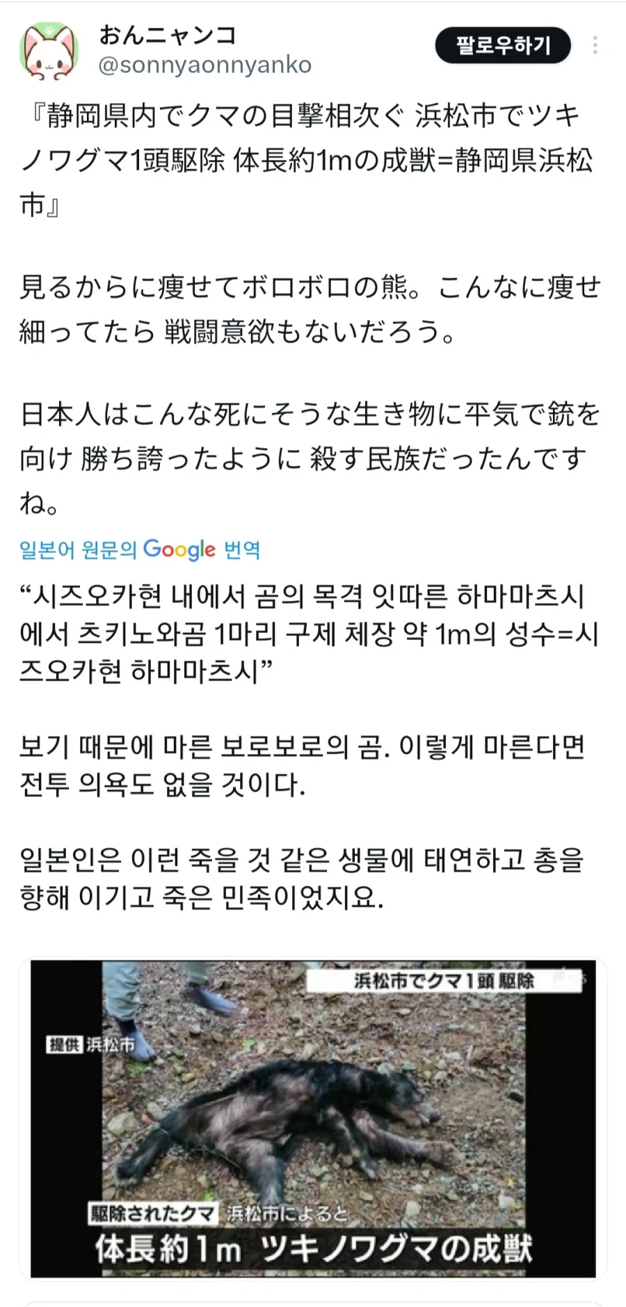하마마츠시에서 잡은 반달곰이라는데 사람 바로 공격하겠네_1.webp