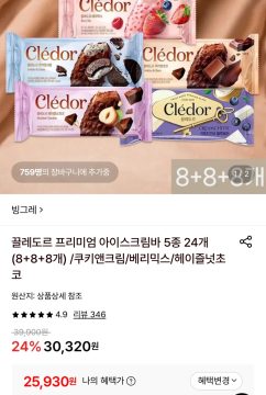롯데온 끌레도르 프리미엄 아이스크림바 5종 24개 (25,930원/무료)_1.webp