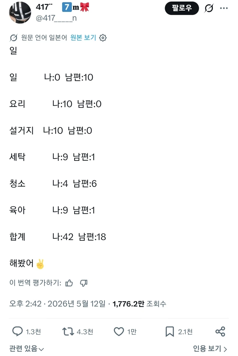 트위터에서 난리난 가사VS일 부부 점수_1.webp