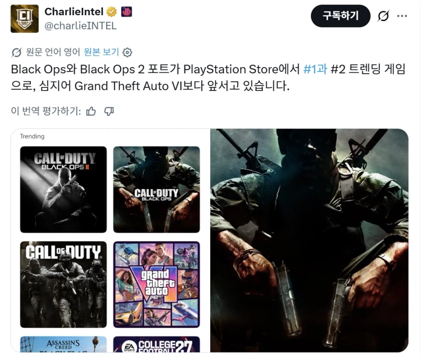 블랙옵스 1&2, 플스 스토어 트렌딩 게임으로 GTA6 보다 앞서고 있어_1.webp